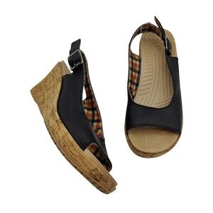 Crocs A-Leigh Leather Cork Wedge Sandals Black Peep Toe Ankle Strap Womens 6